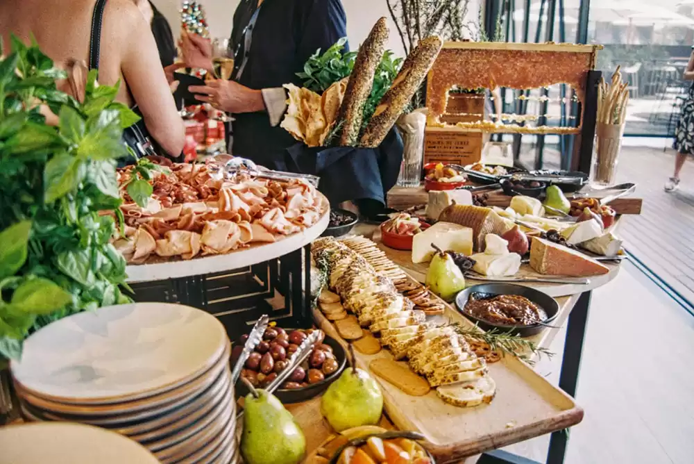 A catered table at a wedding